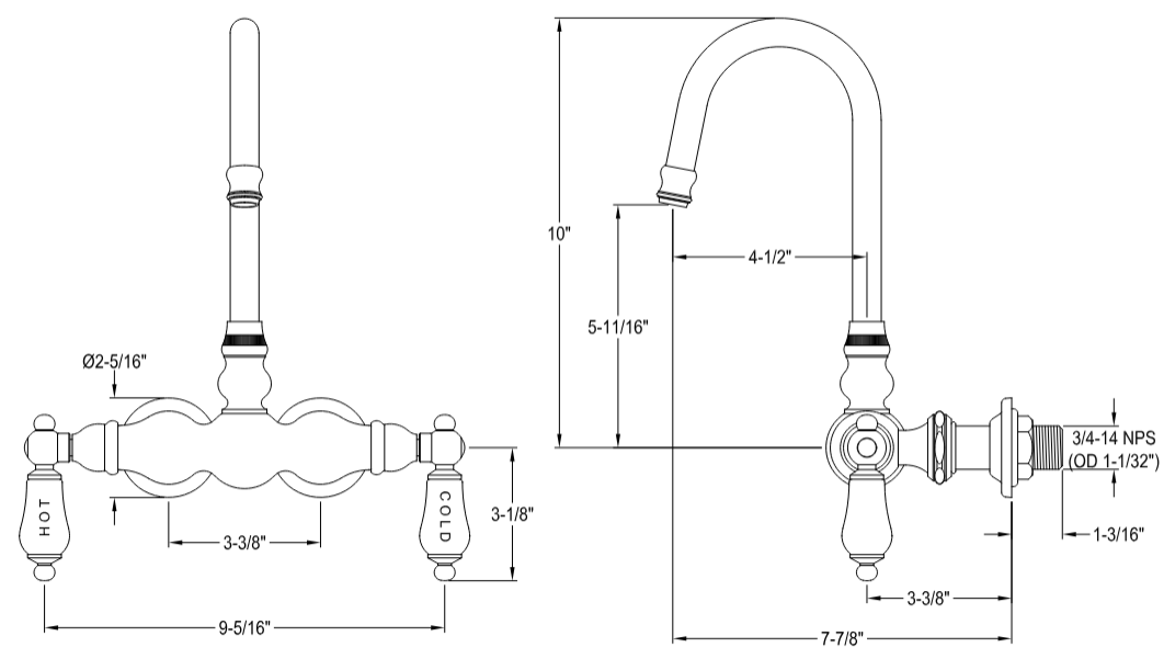 Kingston - Tub Faucets - Vintage CC3T Two-Handle 2-Hole Tub Wall Mount Clawfoot Tub Faucet