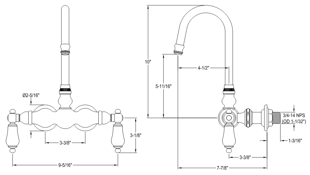 Kingston - Tub Faucets - Vintage CC5T Two-Handle 2-Hole Tub Wall Mount Clawfoot Tub Faucet