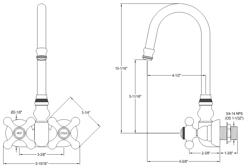 Kingston - Tub Faucets - Vintage CC77T Two-Handle 2-Hole Tub Wall Mount Clawfoot Tub Faucet