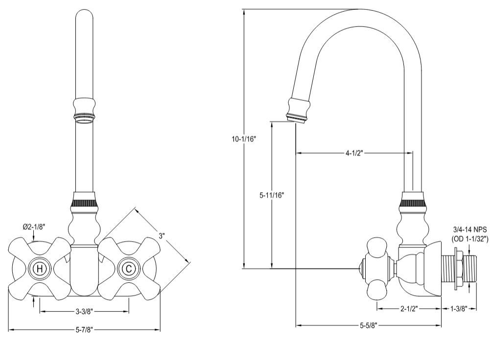 Kingston - Tub Faucets - Vintage CC79T Two-Handle 2-Hole Tub Wall Mount Clawfoot Tub Faucet