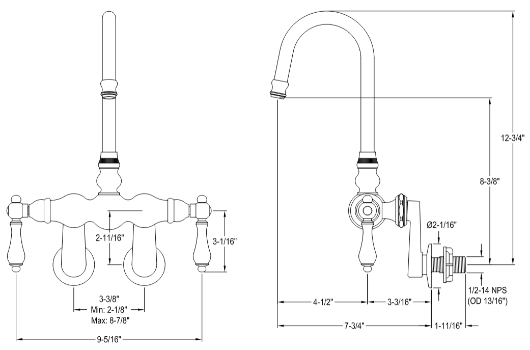 Kingston - Tub Faucets - Vintage CC81T Two-Handle 2-Hole Tub Wall Mount Clawfoot Tub Faucet