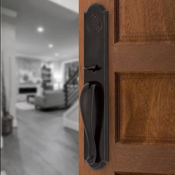 Baldwin - Reserve Collection - Tubular Entry Handlesets - Elkhorn Full Escutcheon Emergency Egress Handleset w/ Arch Lever & Rustic Arched Rose