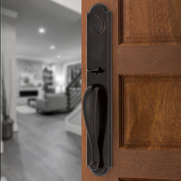 Baldwin - Reserve Collection - Tubular Entry Handlesets - Elkhorn Full Escutcheon Emergency Egress Handleset w/ Rustic Knob & Rustic Arched Rose