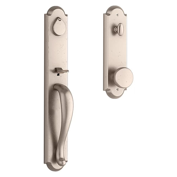 Baldwin - Reserve Collection - Tubular Entry Handlesets - Elkhorn Full Escutcheon Emergency Egress Handleset w/ Rustic Knob & Rustic Arched Rose