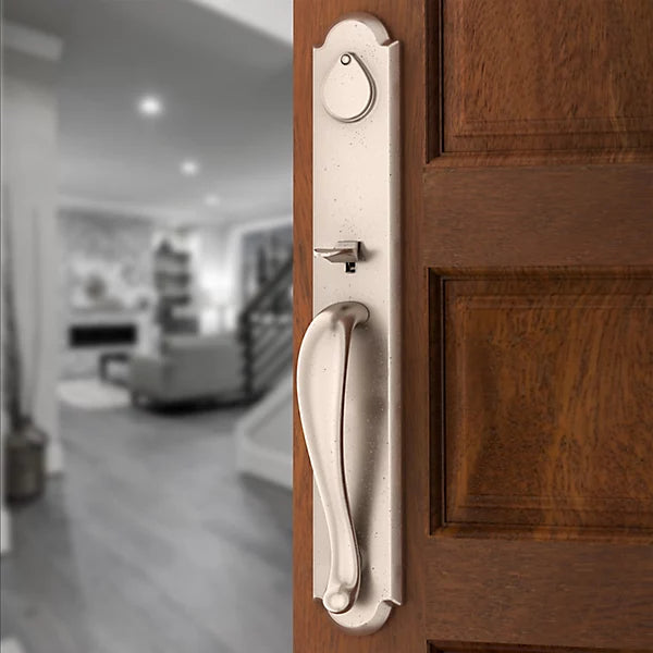 Baldwin - Reserve Collection - Tubular Entry Handlesets - Elkhorn Full Escutcheon Emergency Egress Handleset w/ Rustic Knob & Rustic Arched Rose