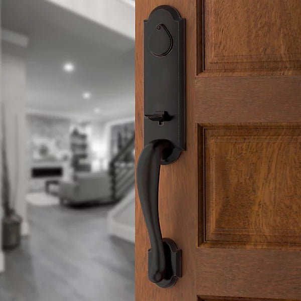 Baldwin - Reserve Collection - Tubular Entry Handlesets - Kodiak 3/4 Escutcheon Emergency Egress Handleset w/ Arched Lever & Rustic Arched Rose