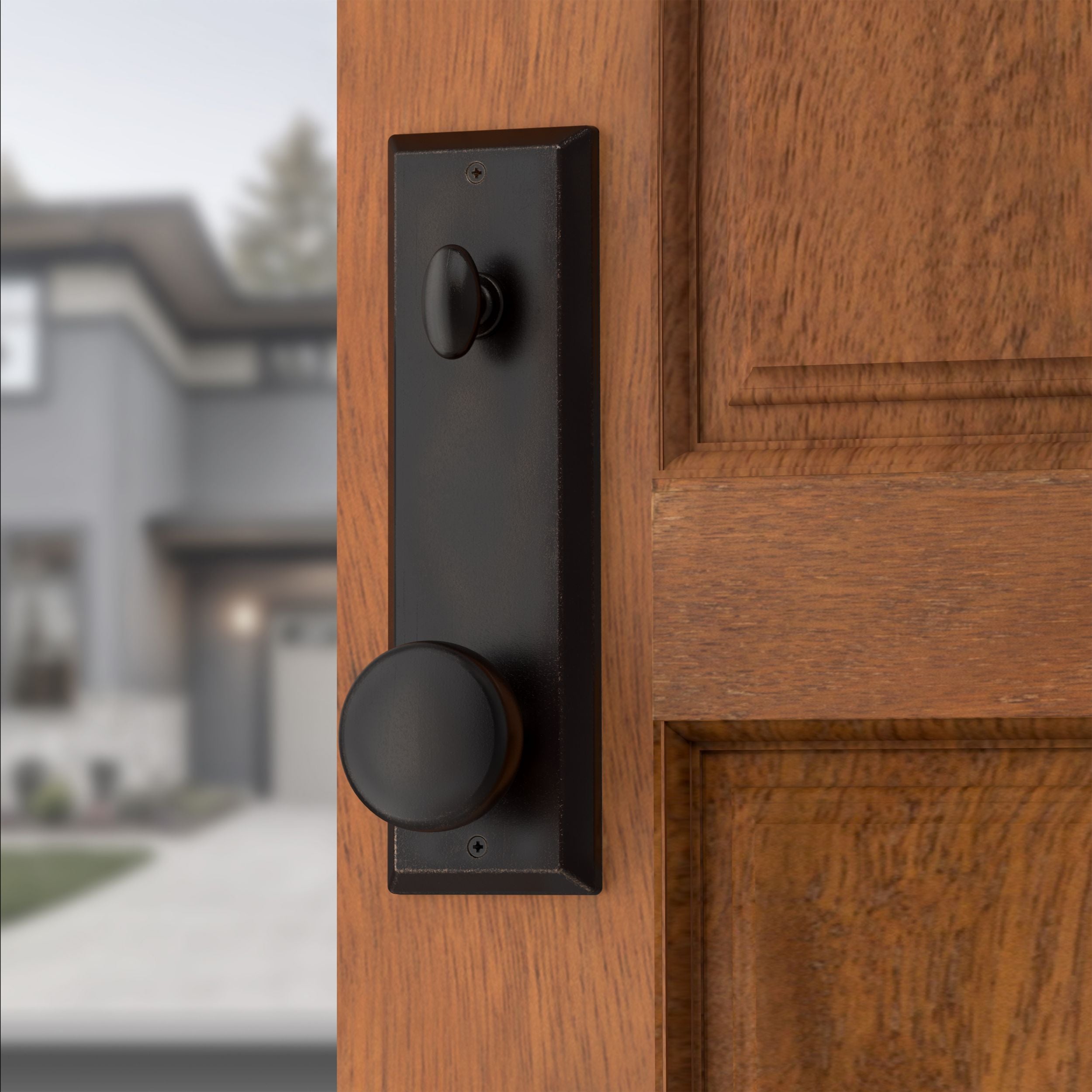 Baldwin - Reserve Collection - Tubular Entry Handlesets - Longview Full Escutcheon Emergency Egress Handleset w/ Rustic Knob & Square Bevel Rose