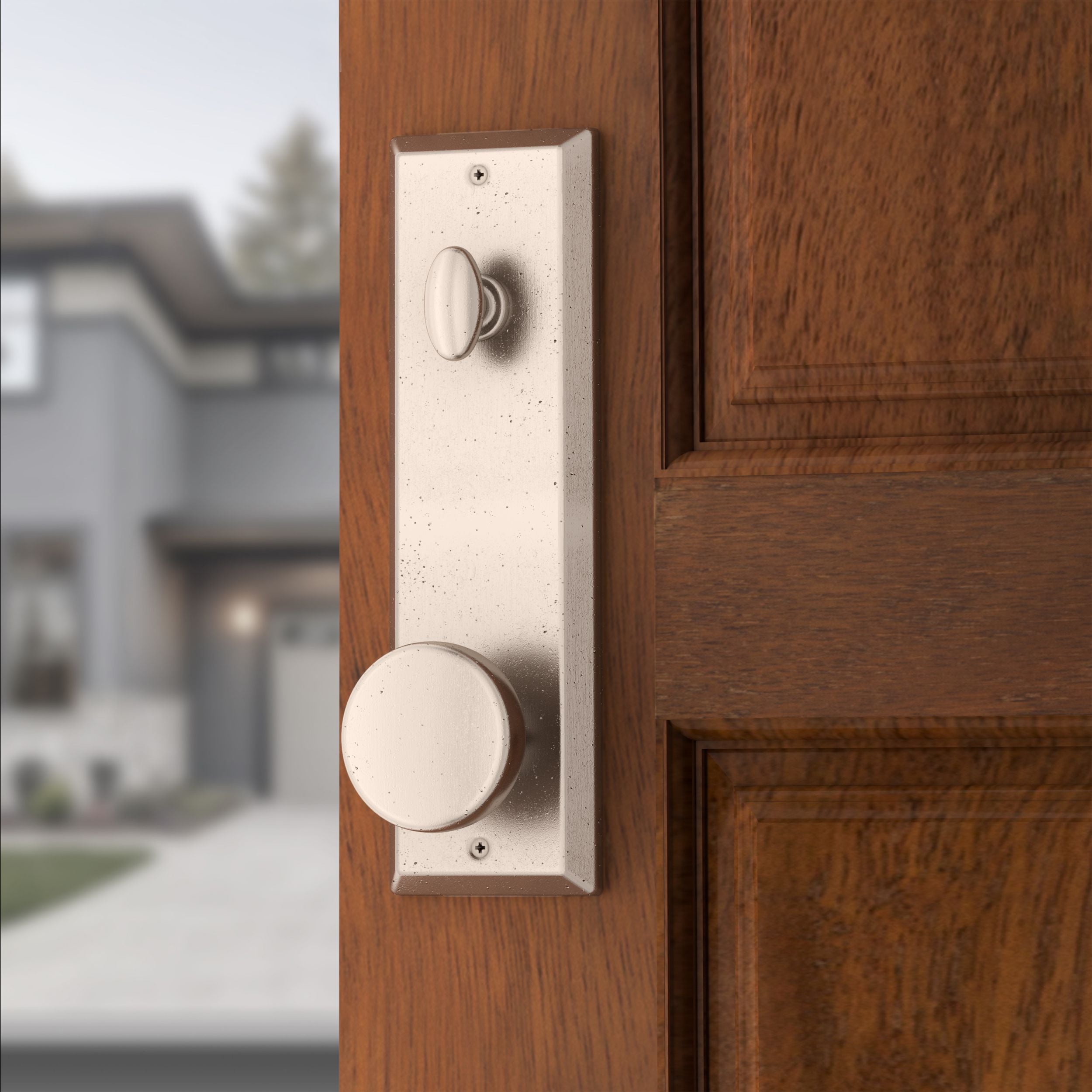 Baldwin - Reserve Collection - Tubular Entry Handlesets - Longview Full Escutcheon Emergency Egress Handleset w/ Rustic Knob & Square Bevel Rose