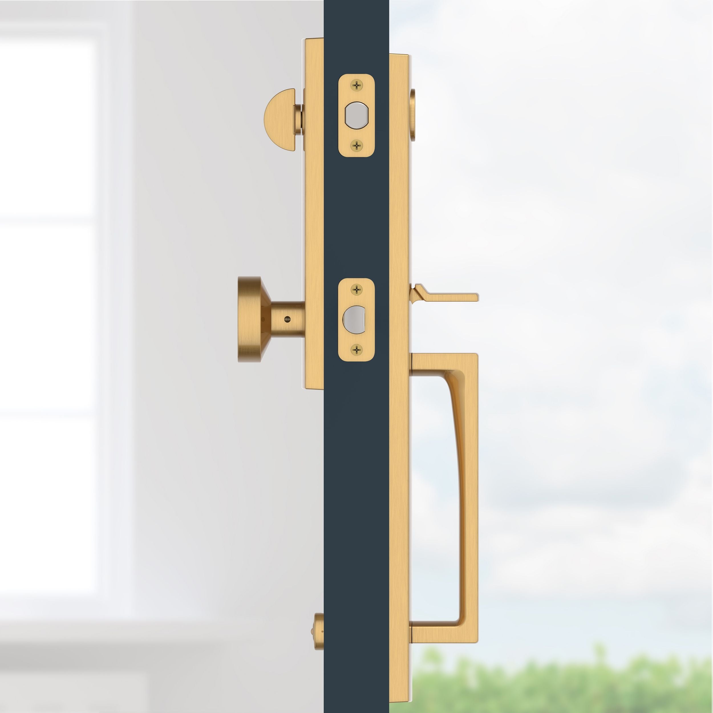 Baldwin - Reserve Collection - Tubular Entry Handlesets - Santa Cruz Full Escutcheon Emergency Egress Handleset w/ Contemporary Knob & Contemporary Square Rose