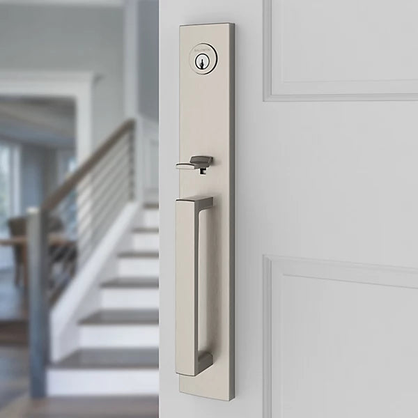 Baldwin - Reserve Collection - Tubular Entry Handlesets - Santa Cruz Full Escutcheon Emergency Egress Handleset w/ Contemporary Knob & Contemporary Square Rose