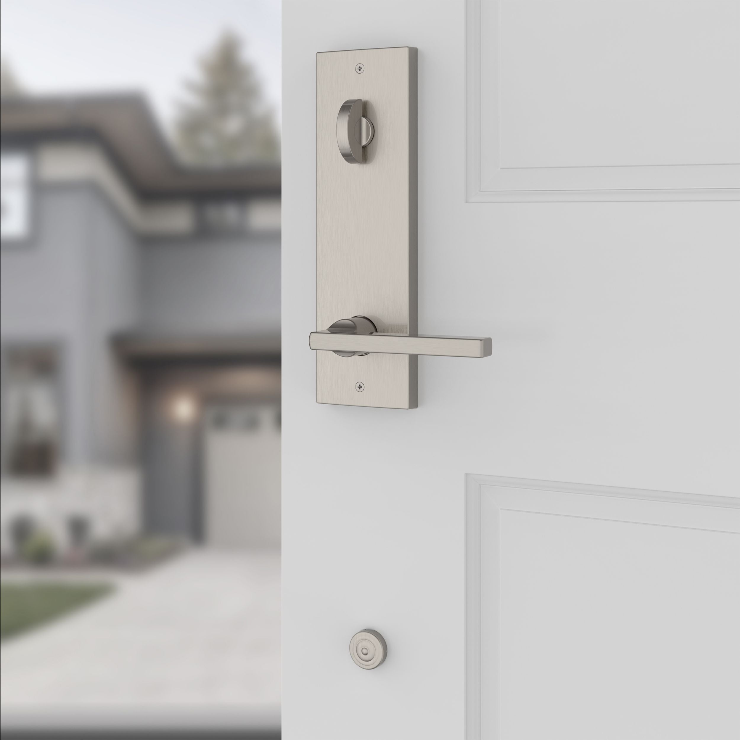 Baldwin - Reserve Collection - Tubular Entry Handlesets - Santa Cruz Full Escutcheon Emergency Egress Handleset w/ Square Lever & Contemporary Square Rose