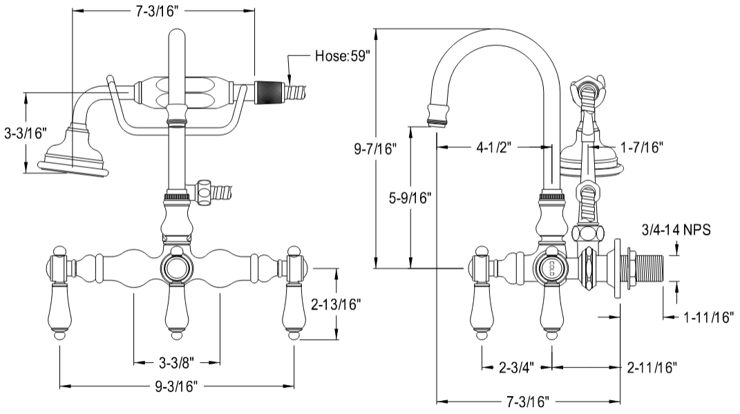 Kingston - Tub Faucets - Heirloom AE7TBAL Three-Handle 2-Hole Tub Wall Mount Clawfoot Tub Faucet with Hand Shower