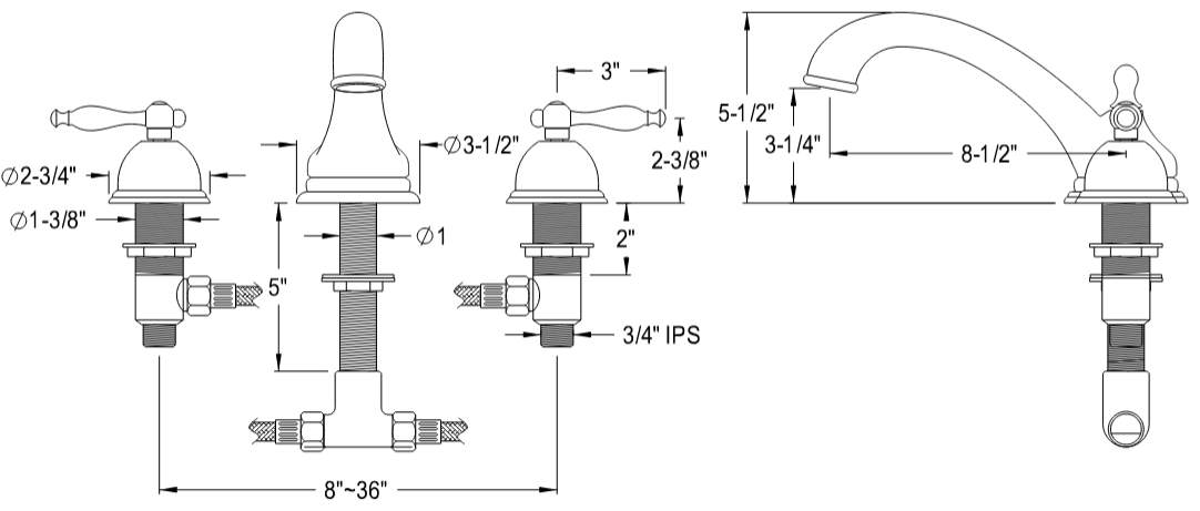Kingston - Tub Faucets - Vintage KS335NL Two-Handle 3-Hole Deck Mount Roman Tub Faucet
