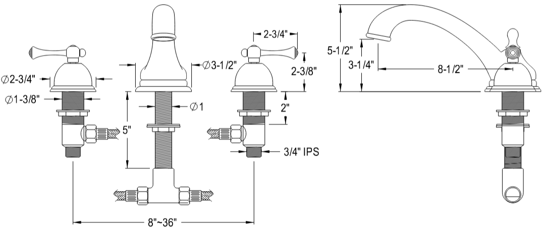 Kingston - Tub Faucets - Vintage KS335BL Two-Handle 3-Hole Deck Mount Roman Tub Faucet