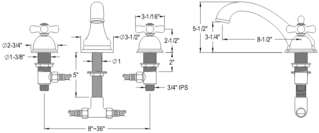 Kingston - Tub Faucets - Vintage KS335PX Two-Handle 3-Hole Deck Mount Roman Tub Faucet