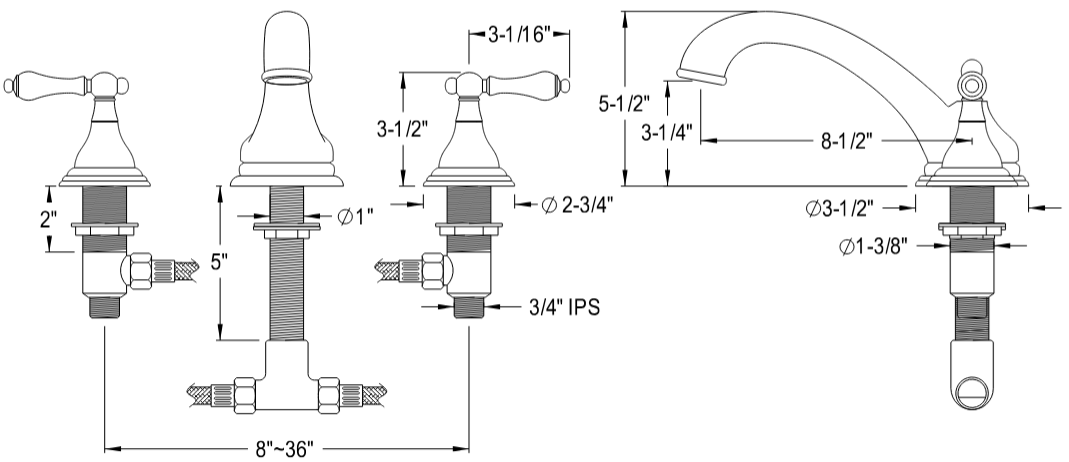 Kingston - Tub Faucets - Vintage KS553AL Two-Handle 3-Hole Deck Mount Roman Tub Faucet