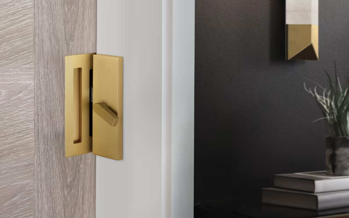 Emtek - Barn Door Hardware - Modern Rectangular Barn Door Privacy Lock And Narrow Flush Pull With Strike