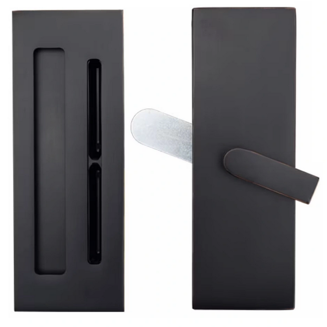 Emtek - Barn Door Hardware - Modern Rectangular Barn Door Privacy Lock And Narrow Flush Pull With Strike