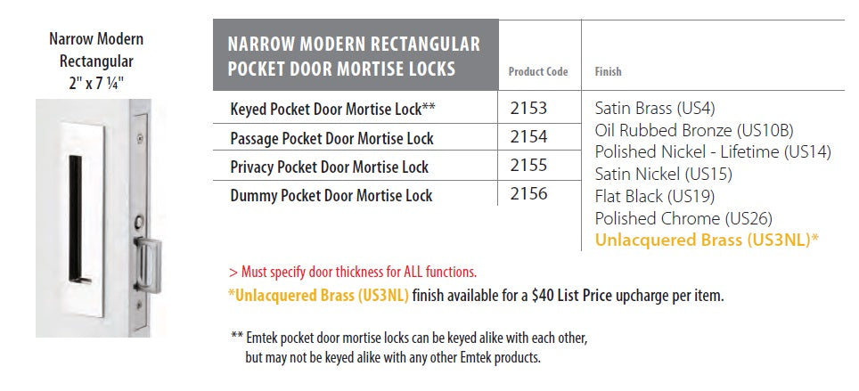 Emtek Narrow Modern Rectangular Pocket Door Mortise Lock