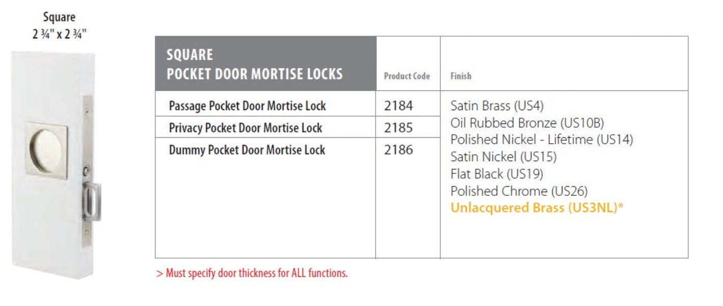 Emtek Square Pocket Door Mortise Lock