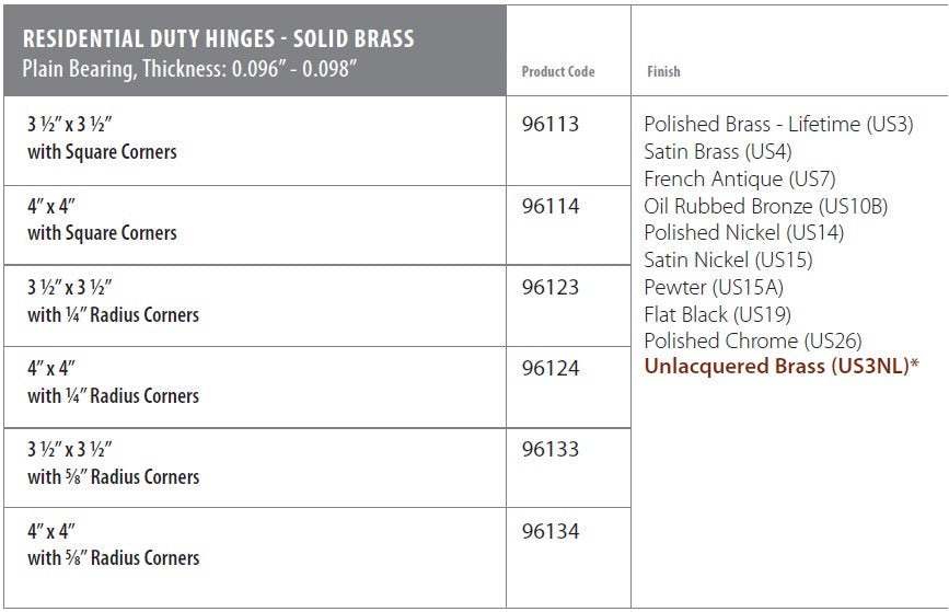 Emtek - Solid Brass Hinges - Residential Duty Plain Bearing Hinges (Pairs)