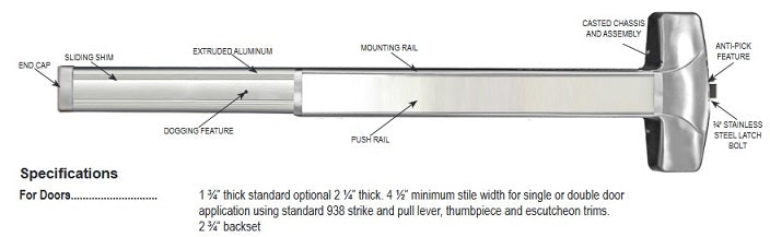 Cal-Royal 7700 Series Push Bar Exit Device Brushed Stainless