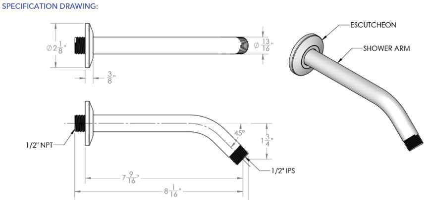 Jaclo 8032 8" 45° Brass Showerarm with Escutcheon