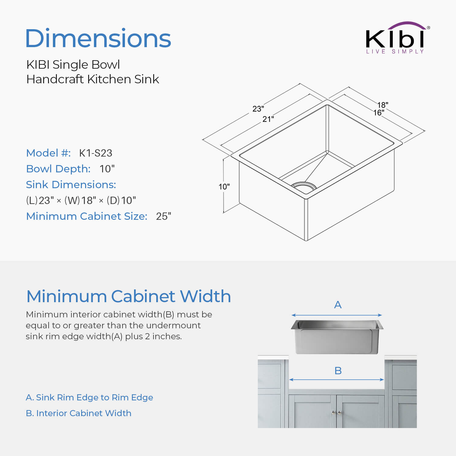 Kibi 23″ Handcrafted Undermount Single Bowl 16 gauge Stainless Steel Kitchen Sink