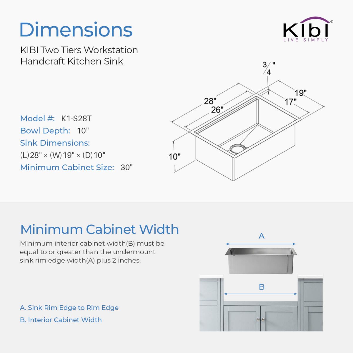 KIBI 28″ Undermount Single Bowl Stainless Steel 16 Gauge Workstation Kitchen Sink