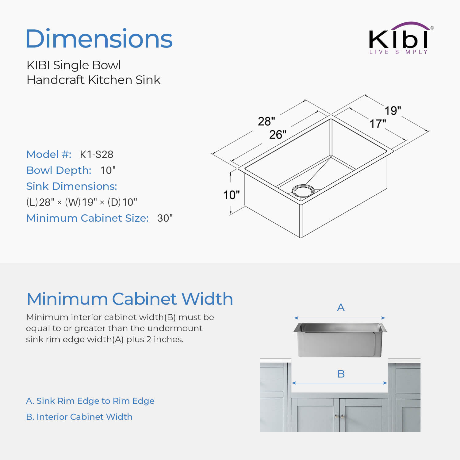 Kibi 28″ Handcrafted Undermount Single Bowl 16 gauge Stainless Steel Kitchen Sink