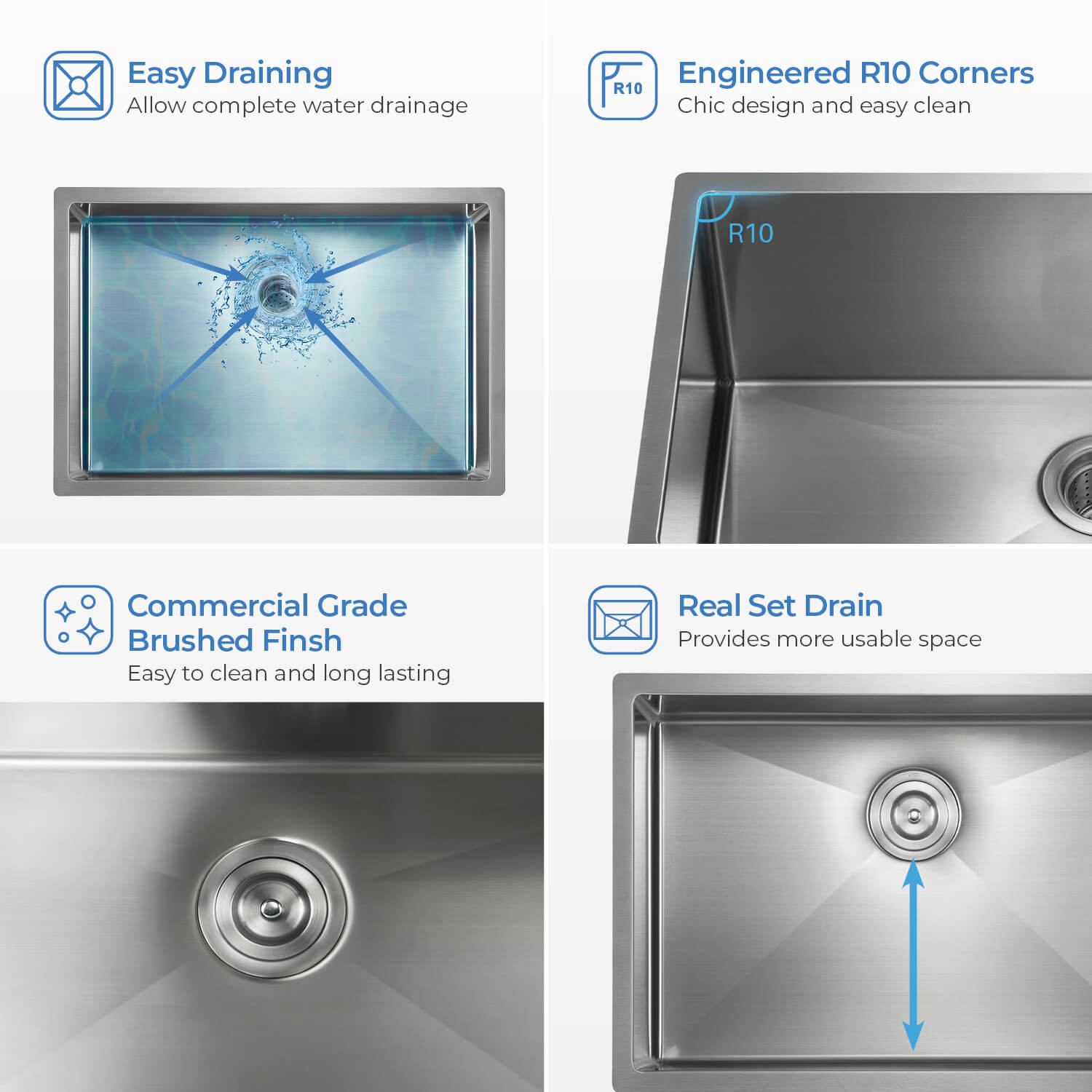 Kibi 30″ Handcrafted Undermount Single Bowl 16 gauge Stainless Steel Kitchen Sink