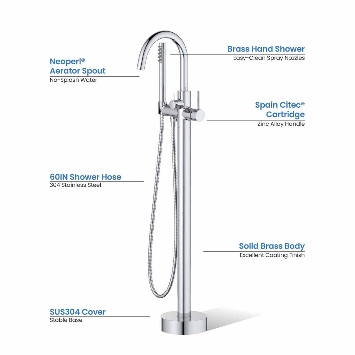 KIBI Circular Single Handle Floor Mounted Freestanding Tub Filler With Hand Shower